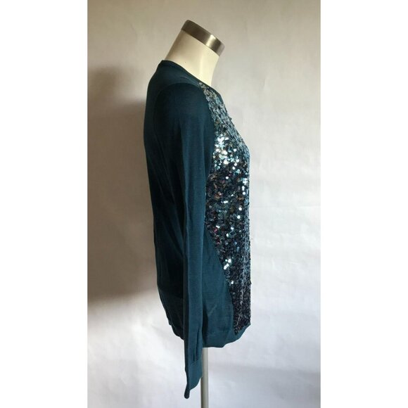 Magaschoni Blue Thin Knit Sweater W/ Full Sequin Panel in Front, Size Medium - Picture 3 of 7
